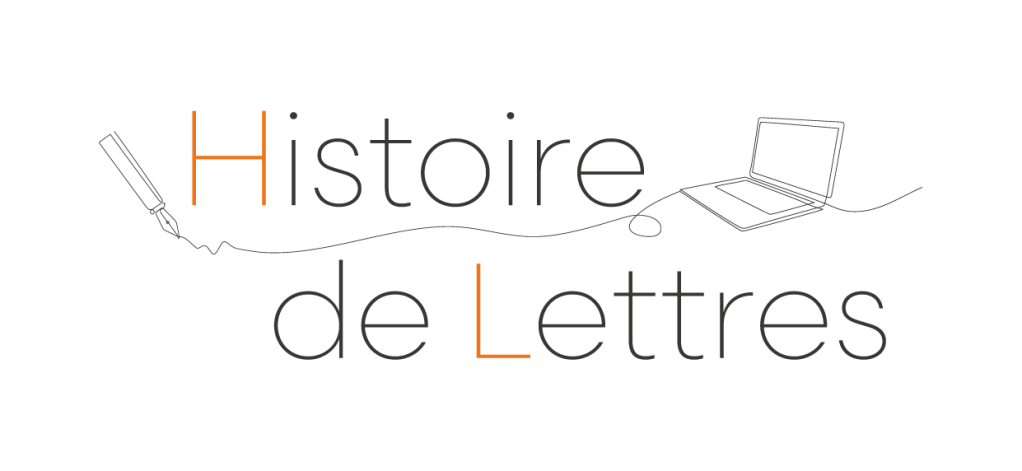 Histoire de Lettres est écrit sur deux lignes. Le H et de L sont en orange. A gauche, un stylo plume est relié à un ordinateur portable situé à droite. Le trait qui les relie est entre les deux lignes de texte.