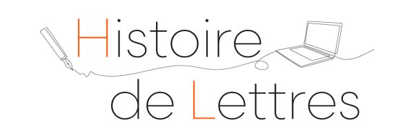 Histoire de Lettres est écrit sur deux lignes. Le H et de L sont en orange. A gauche, un stylo plume est relié à un ordinateur portable situé à droite. Le trait qui les relie est entre les deux lignes de texte.
