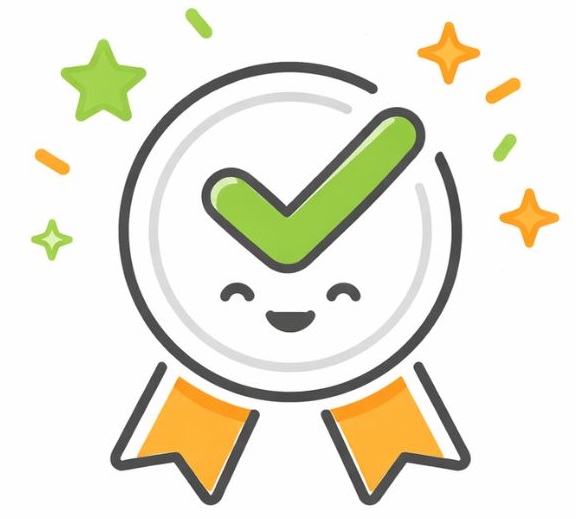 il représente un badge de réussite. il est entouré d'étoiles 
au centre du rond, un V représentant une validation, puis en-dessous des yeux fermés et un sourire